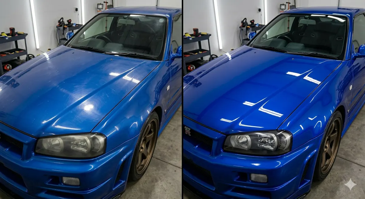 Before and after polish and ceramic coating on a blue Nissan Skyline GT-R