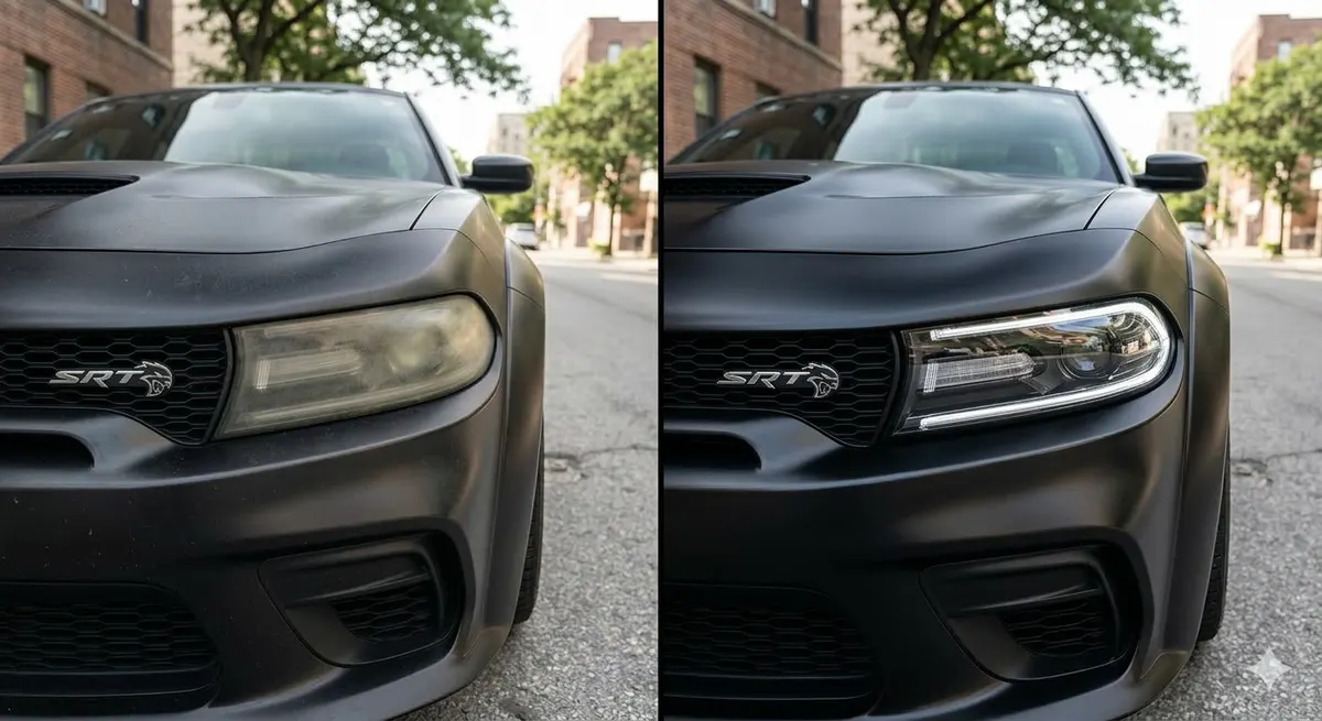 Before and after headlight restoration on a matte black Dodge Charger SRT