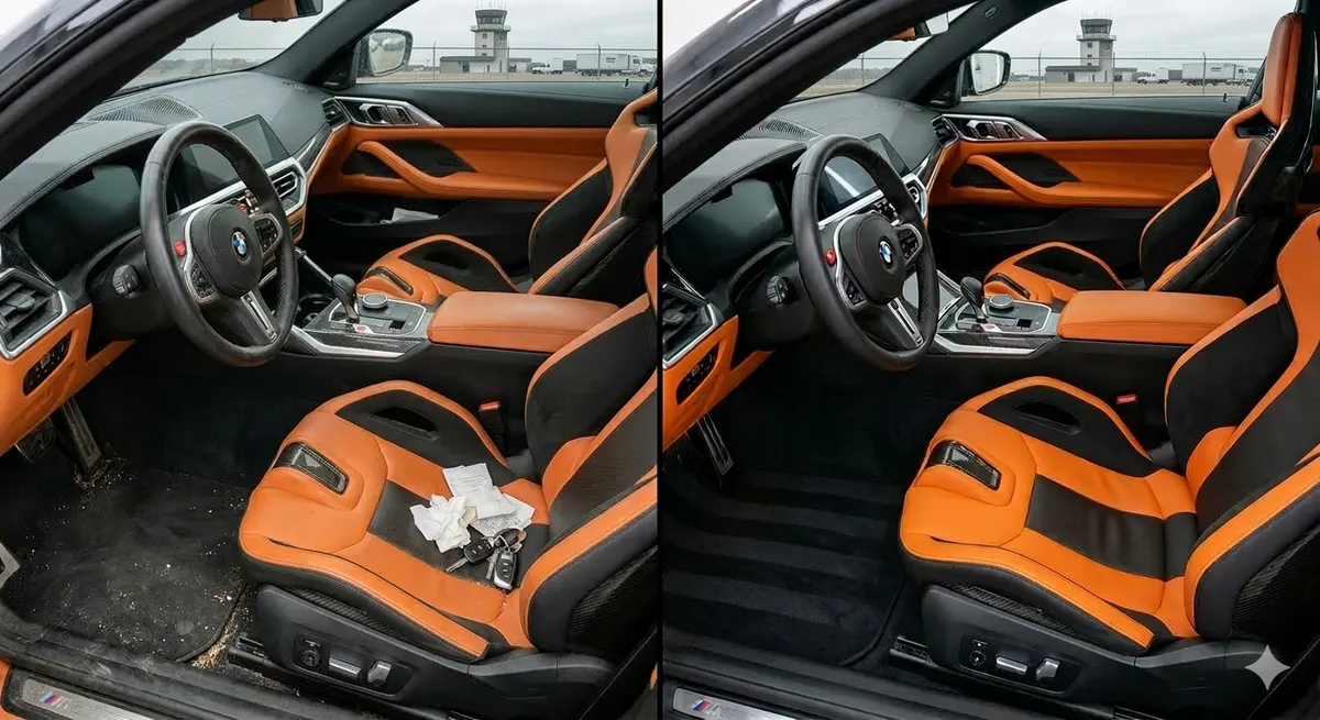 Before and after interior detail of a BMW with orange and black leather seats
