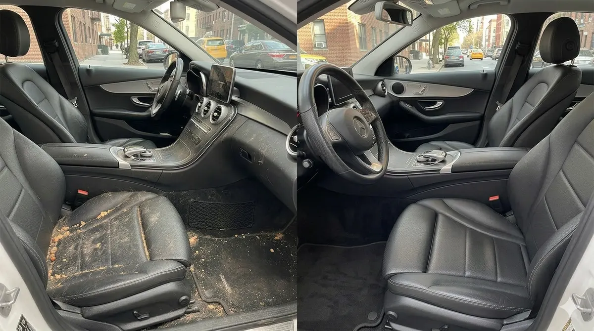 Before and after interior detail of a Mercedes-Benz with black leather seats and a heavily soiled floor cleaned