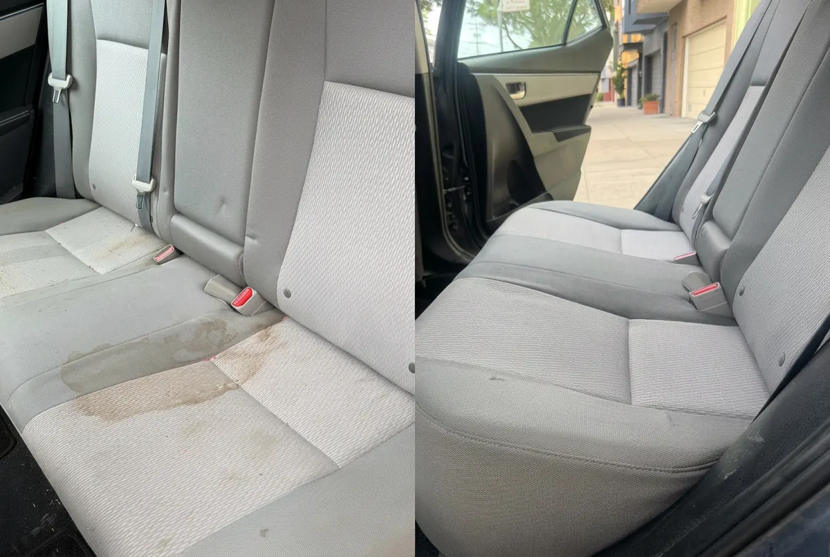 Before and after stain removal on gray cloth rear seats
