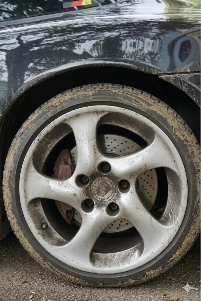 Before: silver Porsche five-spoke wheel caked in brake dust and road grime